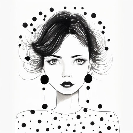 megan, a whimsical illustration, shines against a crisp white background, crafted with fine liner and bold black lines, accented with soft, swirling circles of pastel hues, and punctuated by a curious question mark, inviting wonder and curiosity. ai generatedの素材