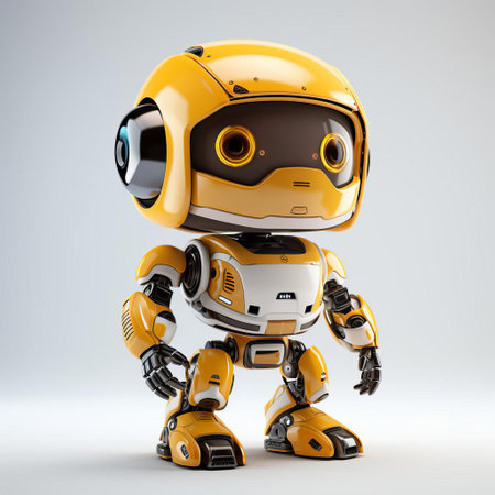 the adorable hazel grid bot, with its futuristic design, is captured in a fury of motion, set against a pristine isolated white background, showcasing its intricate details through a shallow depth of field, and framed with a cinematic composition, perfect for robotics and artificial intelligence enthusiasts. ai generatedの素材