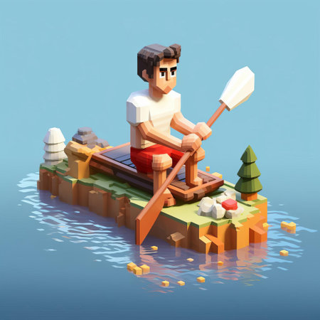 ethan, the adventurous cartoon character, is showcased in a vibrant 3d 8-bit pixel art illustration, fully embodied and actively kayaking, set against a crisp white background, evoking a sense of fun, excitement, and outdoor adventure, perfect for gamers, pixel art enthusiasts, and fans of retro-style graphics. ai generatedの素材
