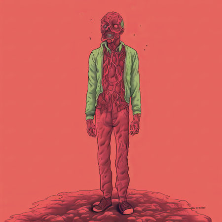 the red painted man stands on a rock, resembling illustrations from the necronomicon. the scene is adorned with light green and pink hues, reminiscent of hyper-realistic animal illustrations. the image also evokes the atmosphere of gritty horror comics and linear illustrations, while incorporating elements of fashion illustration and the vibrant colors often seen in the works of moebius. ai generatedの素材