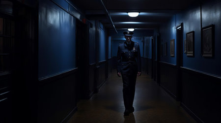 harry osborn, clad in a dark blue uniform, strides confidently through a dimly lit corridor, his determined expression illuminated only by the faint glow of flickering fluorescent lights, evoking a sense of foreboding and mystery in this eerie, atmospheric scene. ai generatedの素材