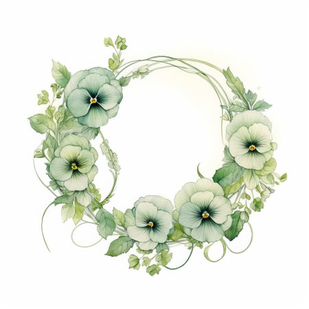 the pansy wreath, delicately crafted with baroque-inspired watercolor line art, sits elegantly against a crisp white backdrop, its soft green hues evoking a sense of serenity and sophistication, perfect for adding a touch of understated elegance to any design or digital project. ai generatedの素材