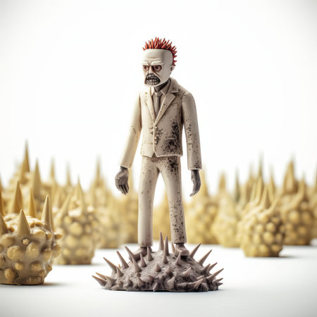 this eerie zombie figurine, reminiscent of evgeni gordiets' and clemens ascher's inventive character designs, stands proudly on a spiky mound, showcasing its intricately detailed features in a close-up shot against a pristine white isolated background, evoking the dark, whimsical style of didier lourenco and concrete. ai generatedの素材