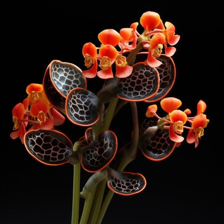 the kalanchoe, with its delicate, waxy leaves and vibrant green stems, stands majestically against a dramatic black background, evoking the organic architecture of martin puryear and the whimsical illustrations of cicely mary barker, while incorporating native brasilian motifs and graceful curves, all captured in stunning photorealistic detail with high contrast shots. ai generatedの素材