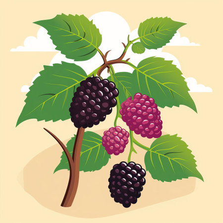 the mulberry, a delicate and vibrant fruit, is beautifully depicted in this geometrically-simplified, flat-color vector illustration, showcasing its intricate details and natural beauty, perfect for designs related to fruit, nature, and healthy eating, as well as for use in educational and culinary contexts. ai generatedの素材