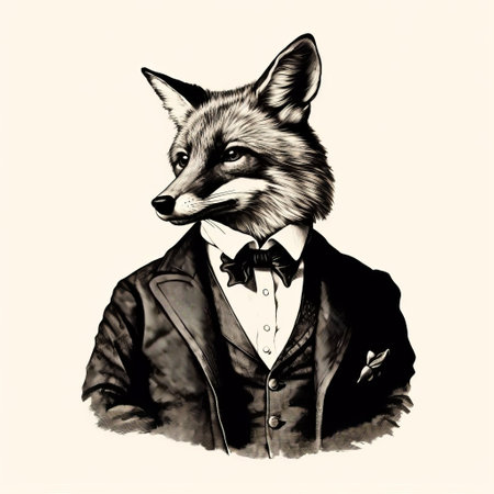 the fox, elegantly dressed in a suit, stands proudly against a crisp white background in this exquisite antique woodcut engraving, showcasing remarkable detail and craftsmanship, evoking a sense of sophistication and whimsy, perfect for art enthusiasts and collectors of vintage illustrations and animal prints. ai generatedの素材