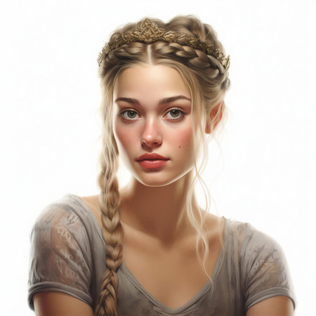 the woman, adorned with an elegant french braid crown, stands confidently against a pristine white background, her full body rendered in exquisite detail, reminiscent of a realistic 2d oil painting, evoking a sense of classic beauty and sophistication. ai generatedの素材