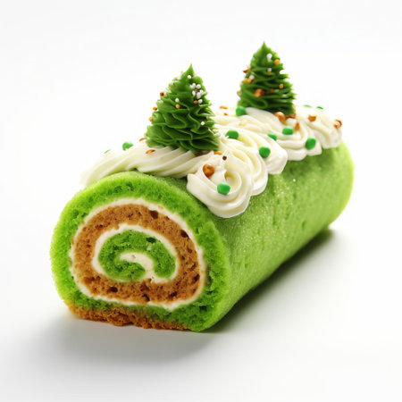 this festive pumpkin roll, adorned with vibrant green frosting shaped like a christmas tree, is sprinkled with colorful sprinkles on top, sitting elegantly on a clean white background, perfect for holiday dessert tables and festive gatherings during the winter season. ai generatedの素材