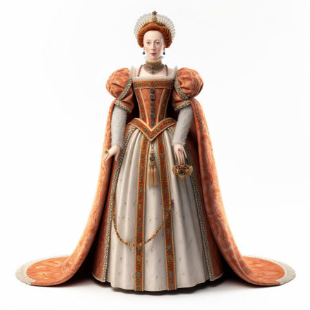 queen elizabeth i, the iconic monarch of england, stands majestically in a stunning 3d rendering, showcasing her regal presence in intricate detail, set against a crisp white isolated background, perfect for historical and educational illustrations, highlighting the grandeur of the tudor era. ai generatedの素材