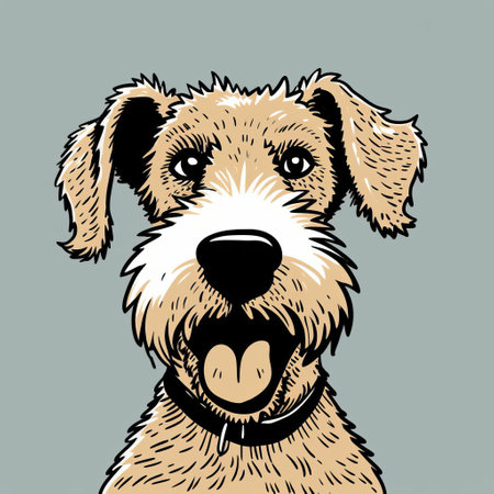 this welsh terrier, illustrated in a minimalist doodle style, showcases its playful personality with a mischievous grin, raised eyebrow, and tilted head, exuding a sense of playful pranksterism, while its sparkling eyes and peeking tongue add to its irresistible charm, capturing the essence of this beloved breed's distinctive features. ai generatedの素材