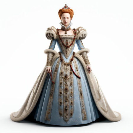 queen elizabeth i, the iconic monarch of england, stands majestically in a stunning 3d rendering, showcasing her regal presence in intricate detail, set against a pristine white isolated background, perfect for historical and educational visualizations, highlighting the grandeur of the tudor era. ai generatedの素材