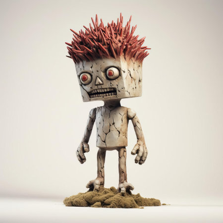 this eerie zombie figurine, reminiscent of evgeni gordiets' and clemens ascher's inventive character designs, stands proudly on a white isolated background, showcasing its intricately detailed spiky mounds, evoking the dark, concrete art style of didier lourenco, in a stunning full-body close-up shot. ai generatedの素材