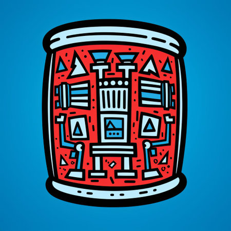 the drum, illustrated in a vibrant keith haring-inspired style, pops against a calming blue background, showcasing the artist's signature minimal color palette and bold lines, evoking the rhythm and energy of music, perfect for music lovers and fans of 80s street art. ai generatedの素材