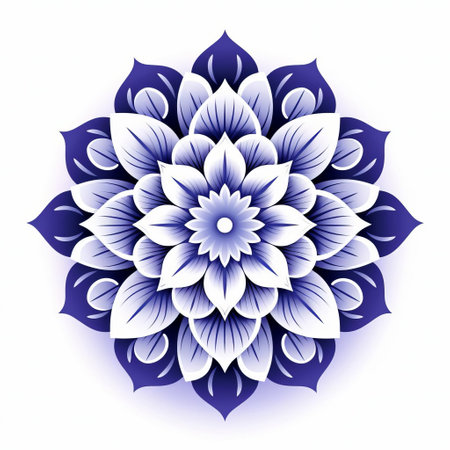 a photo of a floral indian art piece featuring flowering buds and flower ornaments in blue and white. the artwork is created in the style of illusory gradient with influences from zen buddhism. the dark violet hues and geometric balance add to its aesthetic appeal. the piece showcases realistic detailing and draws inspiration from balinese art, incorporating a beautiful color gradient. ai generatedの素材