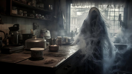 the fenghuang ghost, a mythical creature from chinese mythology, eerily lurks in a modern kitchen, its glowing eyes and wispy tendrils blending with the sleek appliances, creating an unsettling atmosphere, perfect for fans of paranormal and supernatural horror, asian folklore, and haunted house decor inspiration. ai generatedの素材