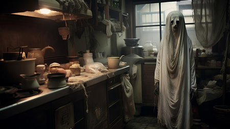 the fenghuang ghost, a mythical creature from chinese folklore, lurks ominously in a modern kitchen, its eerie presence juxtaposed against the mundane backdrop of everyday life, evoking a sense of unease and foreboding, as if the supernatural has invaded the ordinary, blurring the lines between reality and the paranormal. ai generatedの素材