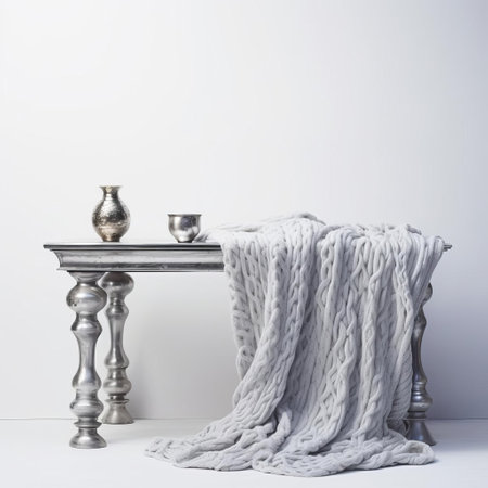 the table, adorned with a vibrant silver knitted tablecloth, takes center stage in this minimalist still life photography, set against a pristine white background, evoking a sense of modern simplicity and elegance, perfect for home decor inspiration and interior design ideas. ai generatedの素材