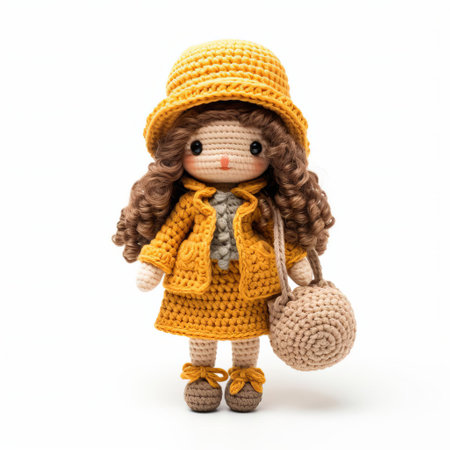 penelope, a charming knitted character, sits isolated on a pristine white background, showcasing her intricately stitched full body, complete with delicate features and vibrant colors, making her a delightful addition to any nursery or child's playroom, perfect for photography and craft inspiration. ai generatedの素材