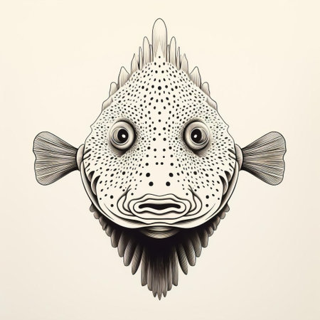 the turbot, a prized european flatfish, is stunningly depicted in this minimalist style graphic drawing, showcasing its fantastic full face with intricate details, vibrant scales, and an expressive gaze, perfect for seafood enthusiasts, chefs, and fish lovers alike, highlighting the beauty of marine life. ai generatedの素材