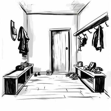 a mud room sketch, crudely rendered in bold black lines and simplistic shapes, evokes a sense of rustic charm, featuring rough, wide forms and thick outlines, reminiscent of primitive art, created with a black marker or sharpie, exuding a minimalist aesthetic, perfect for rustic home decor inspiration. ai generatedの素材