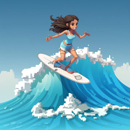 emily, a vibrant 3d 8-bit pixel cartoon character, is depicted in a full-body illustration, catching a wave while surfing on a bright white background, showcasing her fun and adventurous personality, perfect for digital designs, animations, and retro-style graphics. ai generatedの素材
