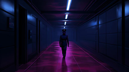 the magenta, clad in a dark blue uniform, strides confidently through the dimly lit corridor, the vibrant color of her hair and attire popping against the ominous, mysterious atmosphere, evoking a sense of futuristic sci-fi and cyberpunk elements. ai generatedの素材