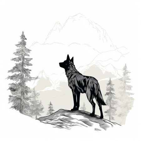 the dog, majestically standing atop a lush forest, is beautifully captured in a stunning side view, set against a crisp white backdrop, with clean and delicate black lines that accentuate its sleek features, showcasing its wild yet gentle nature in perfect harmony with its surroundings. ai generatedの素材