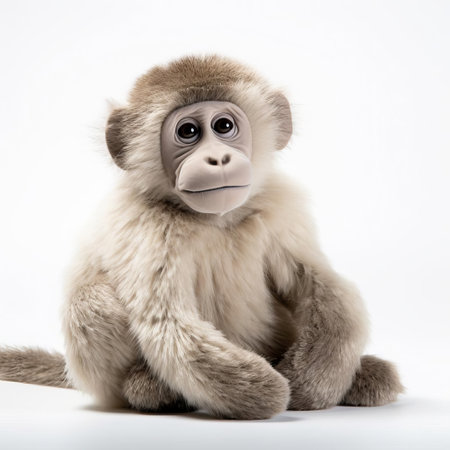 this adorable baboon plush toy, with its soft and cuddly texture, is showcased in a stunning close-up photograph against a pristine white background, highlighting its endearing features and playful personality, perfect for capturing the hearts of toy collectors and animal lovers alike, evoking feelings of warmth and nostalgia. ai generatedの素材