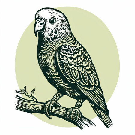 the budgerigar stamp, showcased on a pristine white background, boasts a stunning green ink hue and intricate line engraving details, evoking a nostalgic vintage charm, reminiscent of a bygone era, perfect for collectors and enthusiasts of philately, bird enthusiasts, and lovers of antique postal stamps. ai generatedの素材