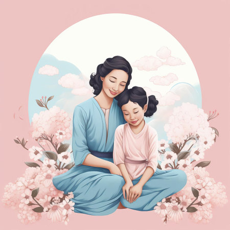 "mums, delicately illustrated in a soft pink background, exude elegance in this stunning piece, blending light aquamarine and gold hues, reminiscent of classic japanese simplicity, while incorporating nature-inspired compositions, thai art, and historical illustration elements, all hand-drawn with contrasting values.", ai generatedの素材