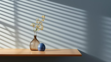 the minimalist table, adorned with sleek blinds in the background, takes center stage in this intimate close-up shot, showcasing the beauty of simplicity and modern design, perfect for home decor inspiration and interior design ideas, highlighting the importance of subtle textures and clean lines. ai generatedの素材