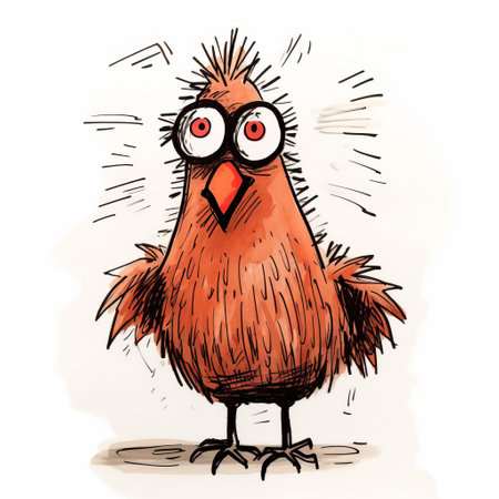 the chicken, crudely illustrated in a simplistic cartoon style, stands out against a pristine white background, its imperfect lines and basic features adding to its quirky charm, evoking a sense of playful humor and childlike nostalgia, reminiscent of amateur doodles and diy art. ai generatedの素材