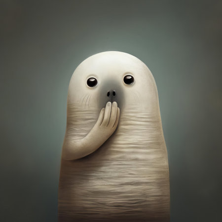 this adorable seal, illustrated by renowned artist jon klassen, is playfully putting its hand in its mouth, accompanied by a cheeky snicker emoji, against a clean, distraction-free background, showcasing the artist's signature whimsical style and sense of humor. ai generatedの素材
