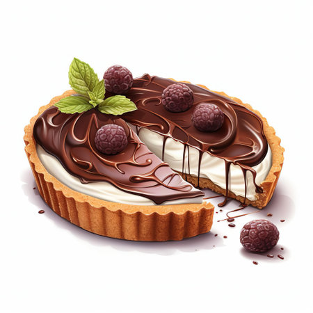 the decadent chocolate tart, adorned with a sprinkle of powdered sugar, sits elegantly against a pristine white background, showcasing its rich, velvety texture and deep, dark chocolate hue, perfect for satisfying any sweet tooth or dessert craving. ai generatedの素材