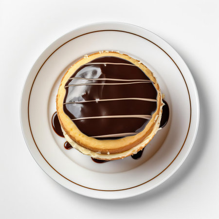 boston cream pies, arranged in an uneven row, sit alongside a steaming cup of coffee, invitingly presented on a clean white background, perfect for a morning treat or afternoon pick-me-up, evoking feelings of comfort and indulgence in this beautifully styled still life photography. ai generatedの素材