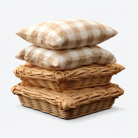 baskets filled with plush cushions sit isolated on a pristine white background, showcasing their intricate weaving patterns and soft, inviting textures, perfect for home decor inspiration, interior design ideas, and e-commerce product photography, available in high-definition quality. ai generatedの素材