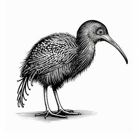 the kiwi, depicted in a stunning antique woodcut engraving, stands proudly against a crisp white background, showcasing its intricate details in a beautiful blend of dark academia and vintage halloween flair, perfect for entomology enthusiasts and fans of scientific illustration, line art, and monochrome linocut engravings. ai generatedの素材