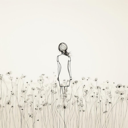 a serene meadow landscape stretches out in this photograph, featuring a lone figure in continuous line art style, showcasing a full-body pose against a pristine white background, evoking feelings of tranquility and simplicity, perfect for nature lovers and art enthusiasts alike. ai generatedの素材