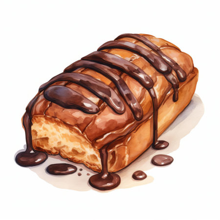 delicious bread, adorned with a rich chocolate glaze, takes center stage in this stunning watercolor-inspired still life, viewed from directly above against a pristine white background, evoking feelings of warmth and indulgence, perfect for foodies and chocolate lovers alike, highlighting the beauty of artisanal baking and sweet treats. ai generatedの素材