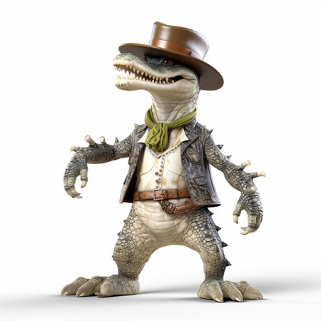 a 3d crocodile, dressed in a cowboy hat and boots, stands confidently on a white isolated background, showcasing its wild west spirit, blending fantasy and realism in a unique digital art creation, perfect for western-themed designs, illustrations, and animations. ai generatedの素材
