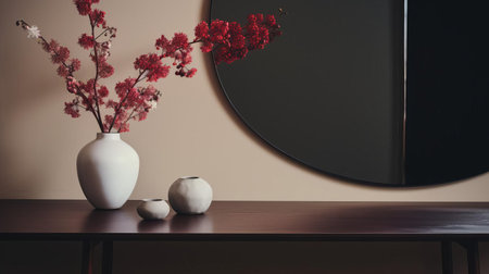 this elegant accent mirror hangs majestically above a sleek, minimalist table, its subtle curves and clean lines blending seamlessly with the surrounding modern decor, evoking a sense of sophistication and refinement in any contemporary living space, perfect for interior design enthusiasts and home decor aficionados. ai generatedの素材
