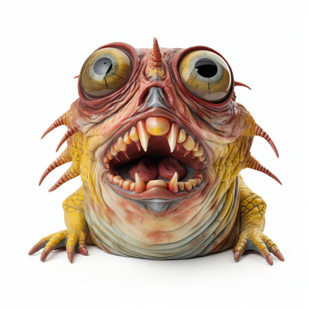 the 3d monster, reminiscent of patricia piccinini's emotive style and giuseppe arcimboldo's surrealism, stands proudly on a pristine white isolated background, showcasing its intricately designed full body, complete with expressive facial animation, evoking a sense of whimsy and wonder in this fantastical digital artwork. ai generatedの素材