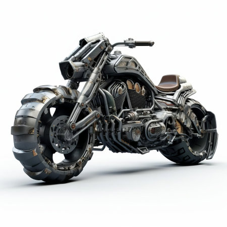 the 3d apocalyptic motorcycle, with its rugged and worn design, appears to have survived a catastrophic event, standing strong on a pristine white isolated background, evoking a sense of post-apocalyptic resilience, perfect for fans of dystopian fiction, sci-fi, and motorcycle enthusiasts alike. ai generatedの素材