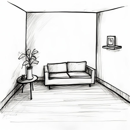 a living room sketch, crudely hand-drawn with simplistic and minimalist approach, features rough, broad, and wide shapes, outlined with thick lines, reminiscent of line art, created using a black marker or sharpie, showcasing a primitive yet charming aesthetic, perfect for interior design inspiration and decoration ideas. ai generatedの素材