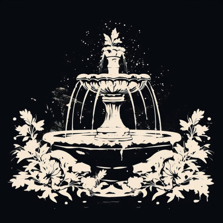 the fountain illustration depicts a serene water feature, beautifully crafted in a black and white vector stencil style, perfect for decorative designs, architectural visualizations, and landscape planning, evoking feelings of tranquility and relaxation in outdoor spaces and garden designs. ai generatedの素材