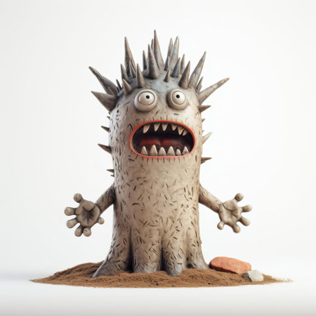 this intricately designed monster figurine, reminiscent of evgeni gordiets' and clemens ascher's inventive character designs, stands proudly on a white isolated background, showcasing its spiky mounds and concrete-like texture, evoking the imaginative style of didier lourenco, in a stunning full-body close-up shot. ai generatedの素材