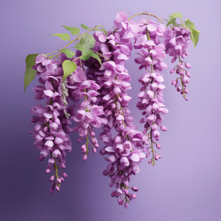 the wisteria, a stunning flowering plant, is showcased in exquisite detail against a solid background, its delicate purple petals and twisted vines expertly captured in a frontal view, evoking a sense of intimacy and precision reminiscent of a micro photograph, perfect for nature enthusiasts and botanists alike. ai generatedの素材