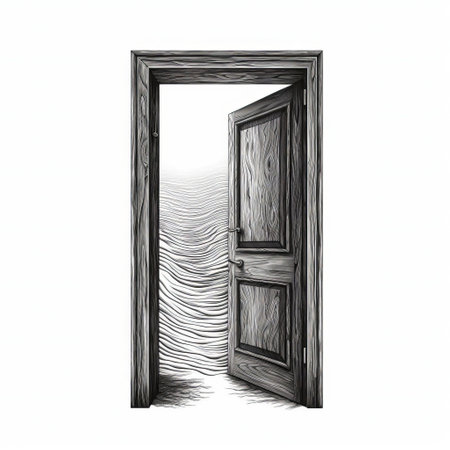 this surrealist art features a retro door drawing isolated on a clean white background, showcasing a dreamlike and thought-provoking visual representation of a portal to the subconscious, blending fantasy and reality, characteristic of surrealist art movement and its exploration of the human psyche. ai generatedの素材