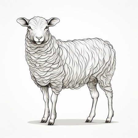 the sheep, depicted in a continuous line art style, stands proudly on a pristine white isolated background, showcasing its full body in exquisite detail, highlighting its fluffy coat and gentle features, perfect for agricultural, farm, or animal-themed designs and illustrations. ai generatedの素材