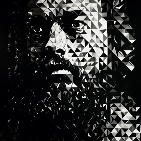 joshua's striking portrait, rendered in a grainy black and white stencil style reminiscent of shigeo fukuda's iconic works, is set against a backdrop of vibrant 70s-inspired geometrical shapes, creating a visually striking risography print that blends retro flair with modern artistic sensibilities. ai generatedの素材
